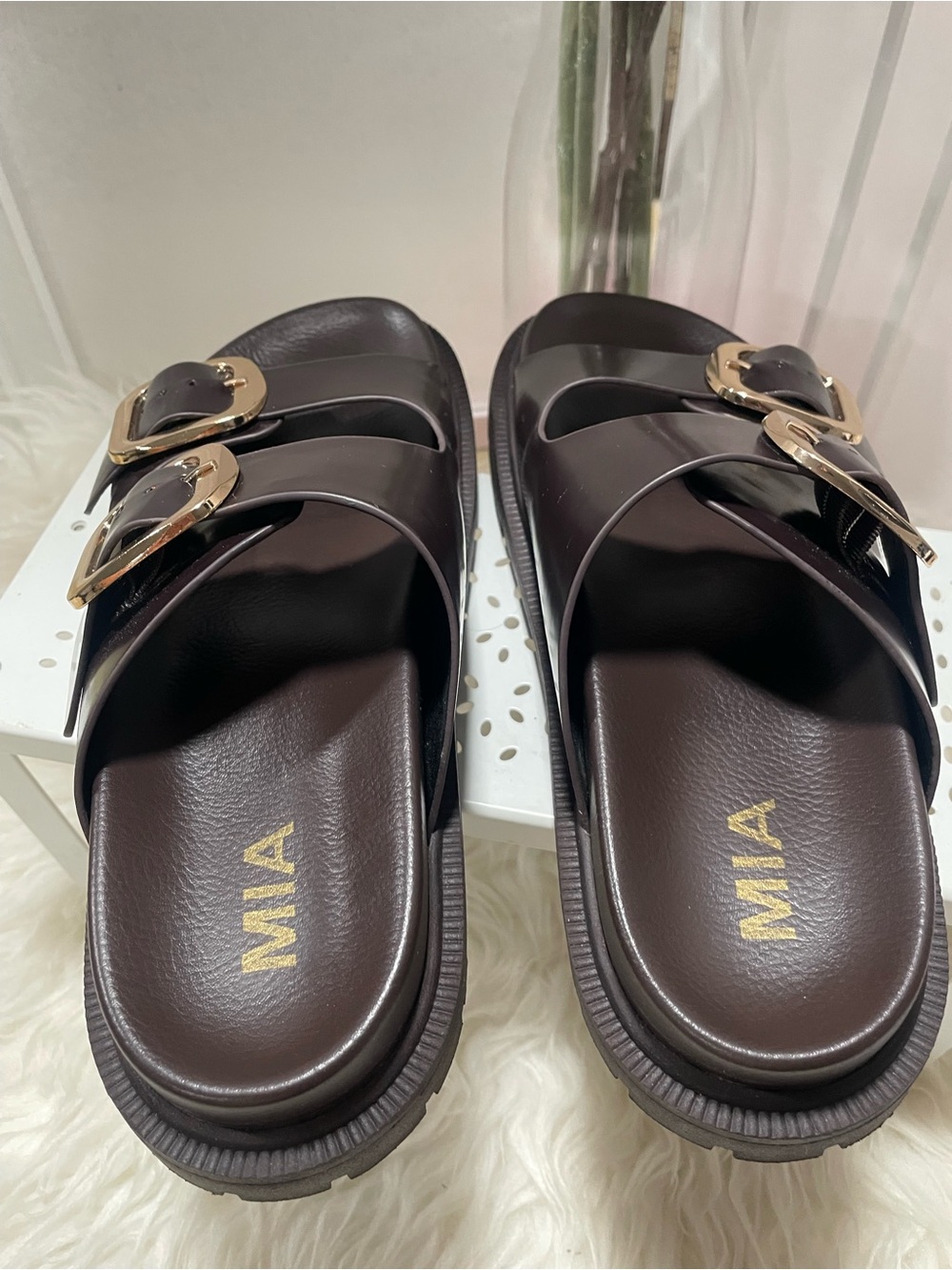 New! MIA Gen Double Buckle Slides, Women's Sandal Brown Coffee Size 8 - Picture 6 of 10